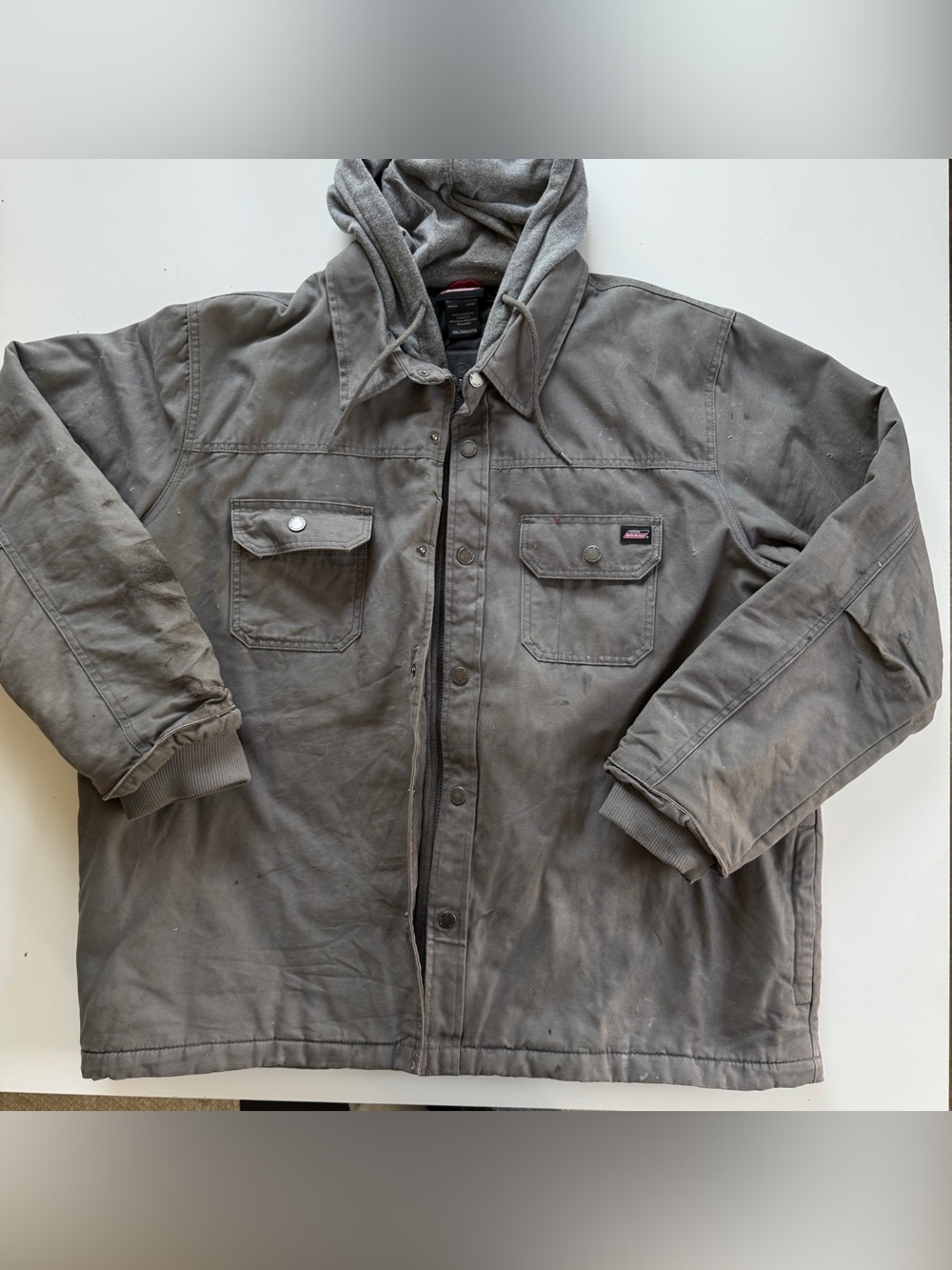 Dickies Distressed Canvas Jacket Mens 3XL Grey Quilted Fleece Hooded Workwear